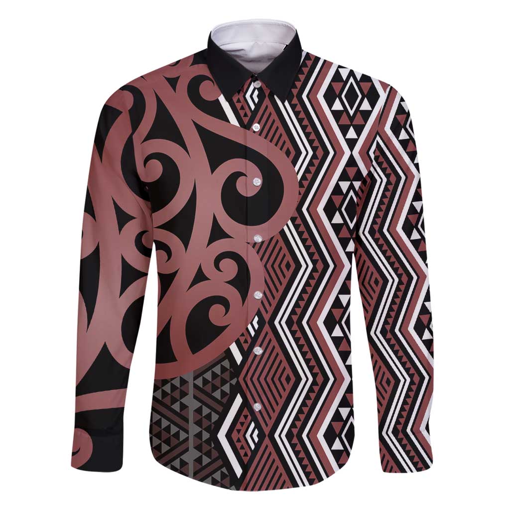 Maori Taniko Patterns Family Matching Off Shoulder Short Dress and Hawaiian Shirt Brown Patiki Motifs Mix Whakairo Ngaru LT7 Dad's Shirt - Long Sleeve Brown - Polynesian Pride