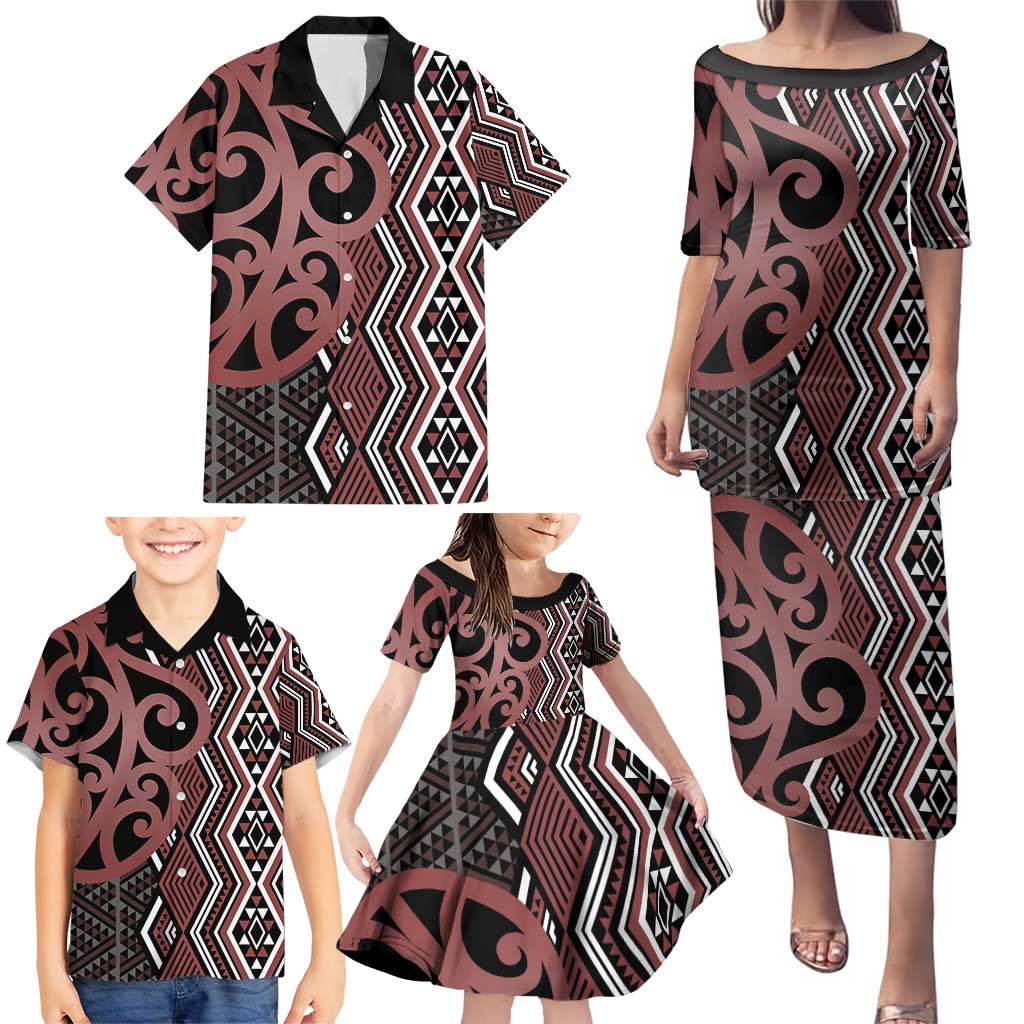 Maori Taniko Patterns Family Matching Puletasi and Hawaiian Shirt Brown Patiki Motifs Mix Whakairo Ngaru LT7 - Polynesian Pride