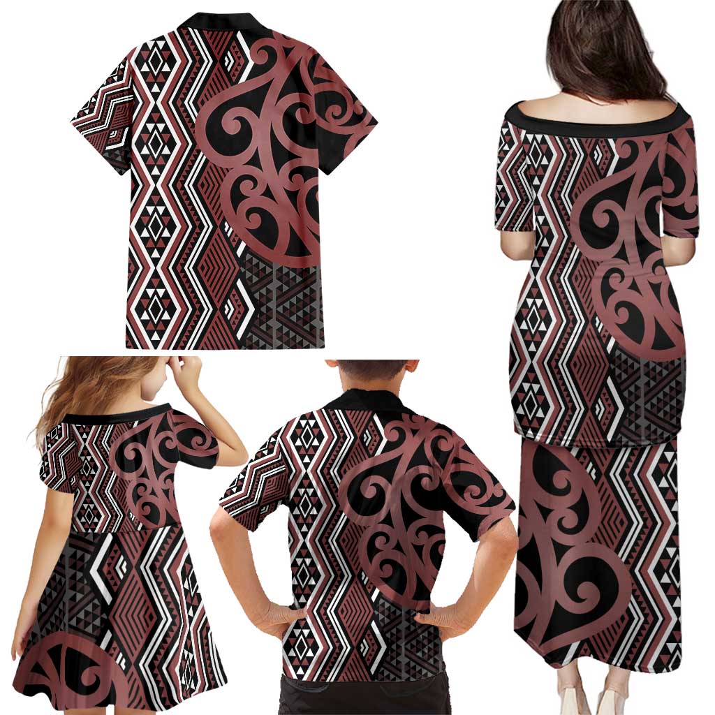 Maori Taniko Patterns Family Matching Puletasi and Hawaiian Shirt Brown Patiki Motifs Mix Whakairo Ngaru LT7 - Polynesian Pride