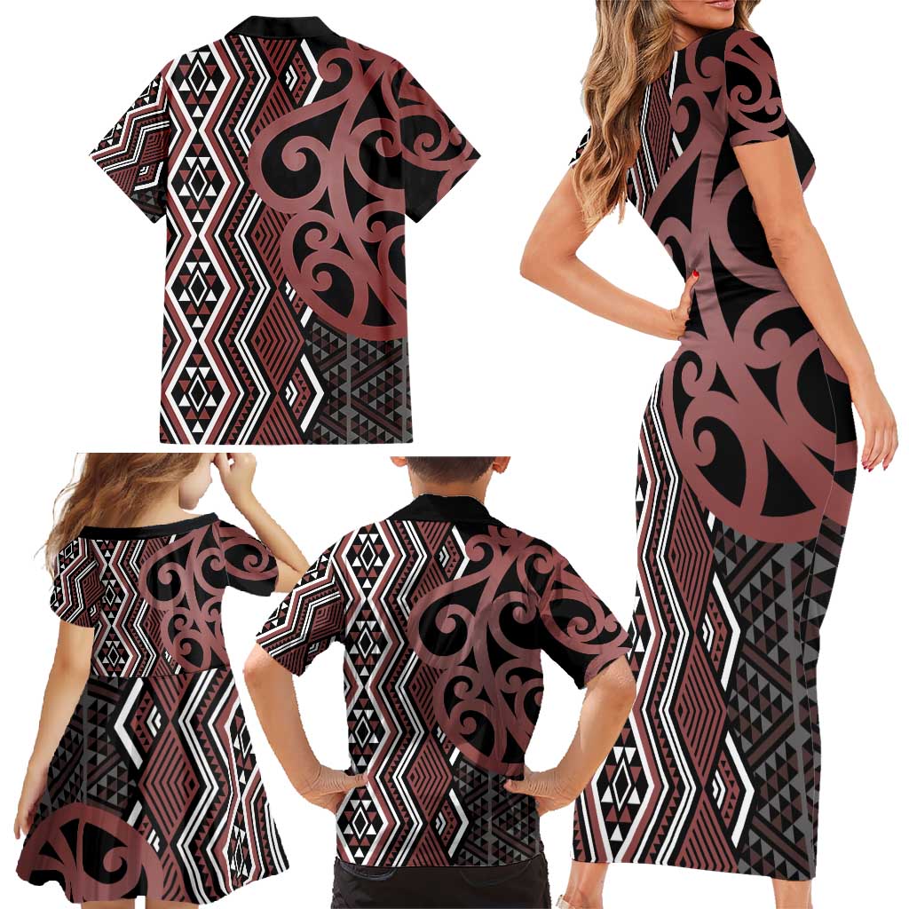 Maori Taniko Patterns Family Matching Short Sleeve Bodycon Dress and Hawaiian Shirt Brown Patiki Motifs Mix Whakairo Ngaru LT7 - Polynesian Pride