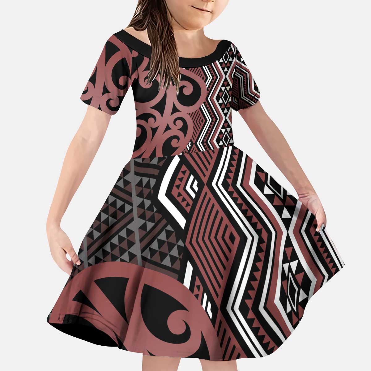 Maori Taniko Patterns Kid Short Sleeve Dress Brown Patiki Motifs Mix Whakairo Ngaru