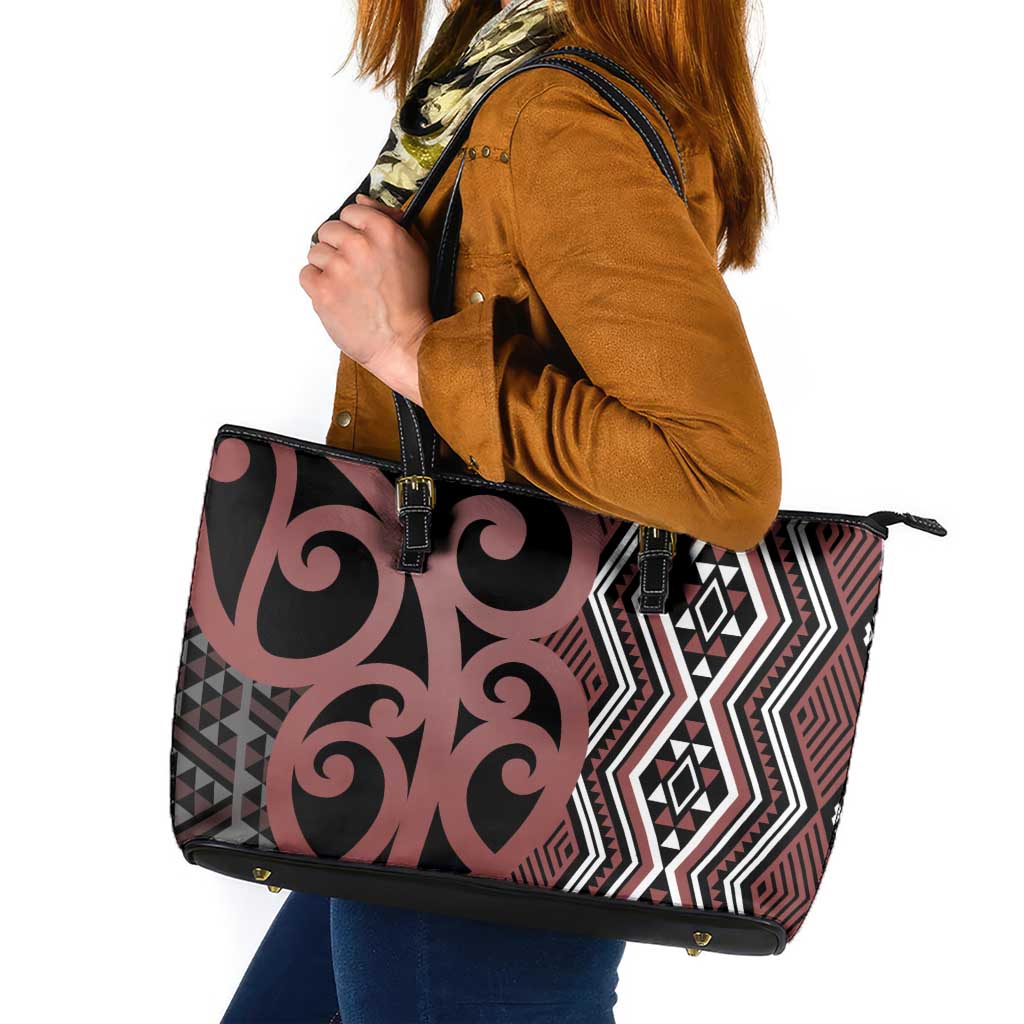 Maori Taniko Patterns Leather Tote Bag Brown Patiki Motifs Mix Whakairo Ngaru