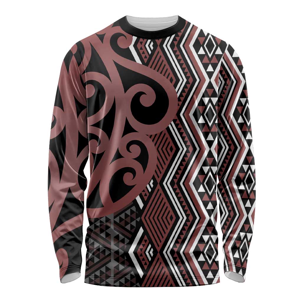 Maori Taniko Patterns Long Sleeve Shirt Brown Patiki Motifs Mix Whakairo Ngaru