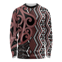 Maori Taniko Patterns Long Sleeve Shirt Brown Patiki Motifs Mix Whakairo Ngaru