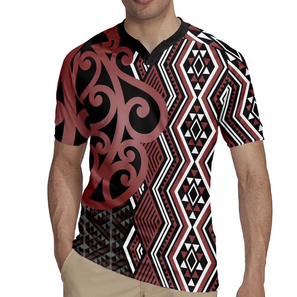 Maori Taniko Patterns Rugby Jersey Brown Patiki Motifs Mix Whakairo Ngaru