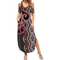 Maori Taniko Patterns Summer Maxi Dress Brown Patiki Motifs Mix Whakairo Ngaru