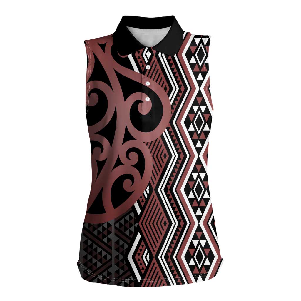 Maori Taniko Patterns Women Sleeveless Polo Shirt Brown Patiki Motifs Mix Whakairo Ngaru