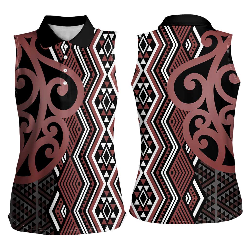 Maori Taniko Patterns Women Sleeveless Polo Shirt Brown Patiki Motifs Mix Whakairo Ngaru