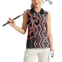 Maori Taniko Patterns Women Sleeveless Polo Shirt Brown Patiki Motifs Mix Whakairo Ngaru