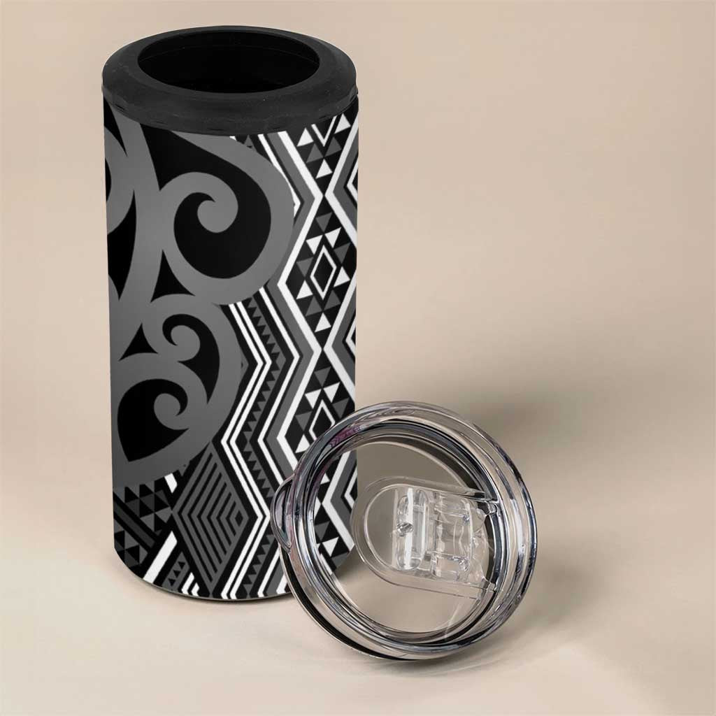 Maori Taniko Patterns 4 in 1 Can Cooler Tumbler Black Patiki Motifs Mix Whakairo Ngaru