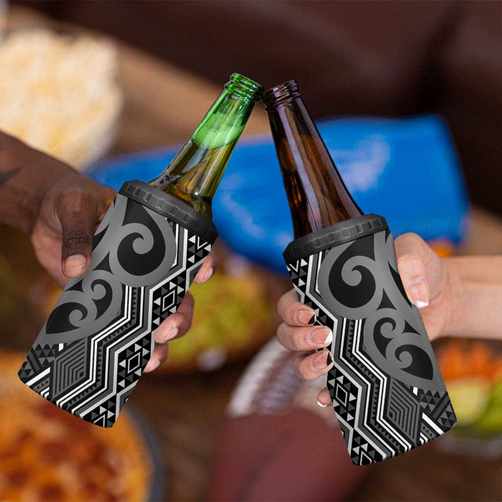 Maori Taniko Patterns 4 in 1 Can Cooler Tumbler Black Patiki Motifs Mix Whakairo Ngaru