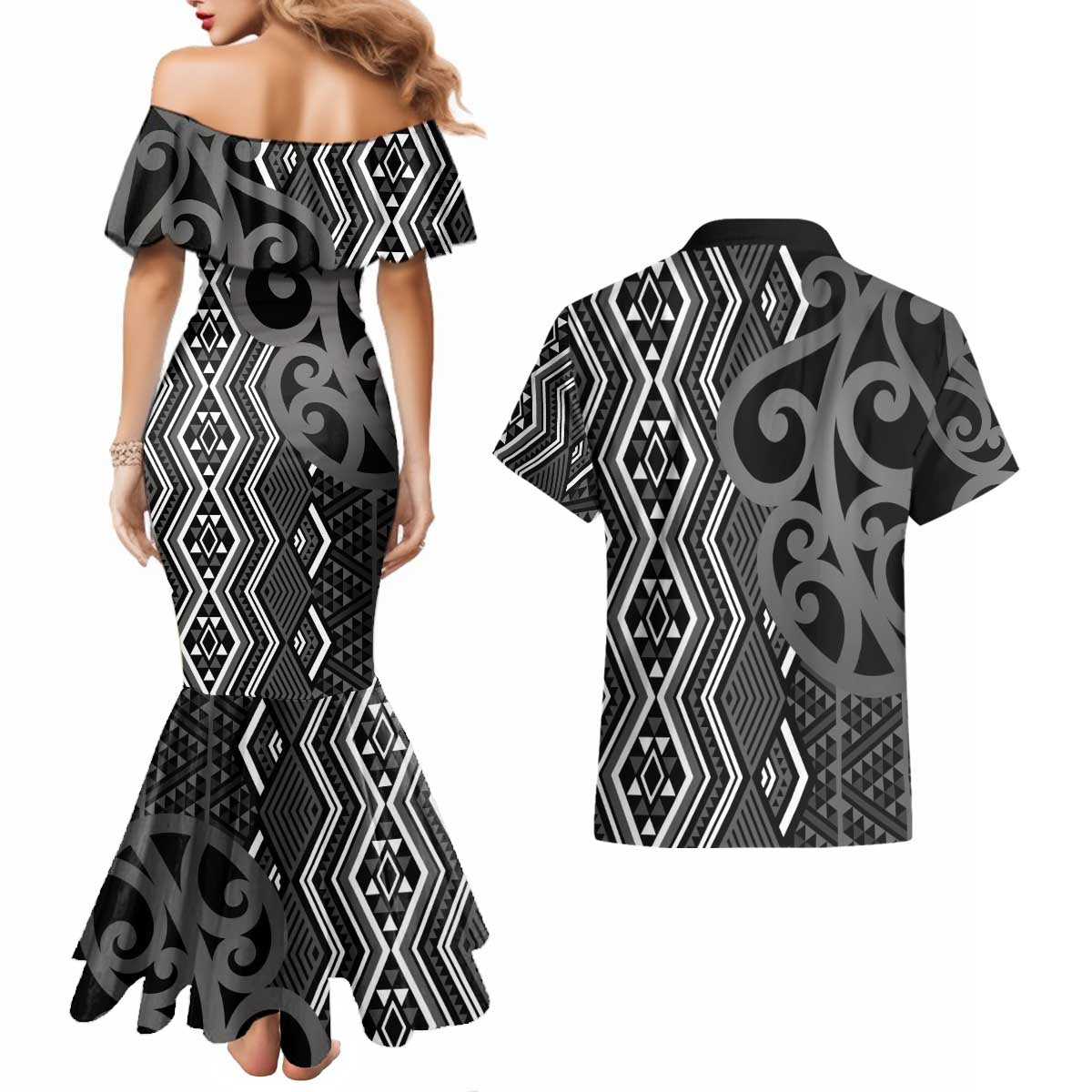 Maori Taniko Patterns Couples Matching Mermaid Dress and Hawaiian Shirt Black Patiki Motifs Mix Whakairo Ngaru LT7 - Polynesian Pride