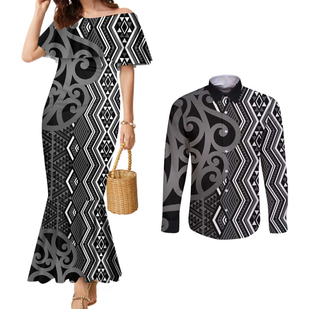 Maori Taniko Patterns Couples Matching Mermaid Dress and Long Sleeve Button Shirt Black Patiki Motifs Mix Whakairo Ngaru LT7 Black - Polynesian Pride