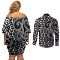 Maori Taniko Patterns Couples Matching Off Shoulder Short Dress and Long Sleeve Button Shirt Black Patiki Motifs Mix Whakairo Ngaru