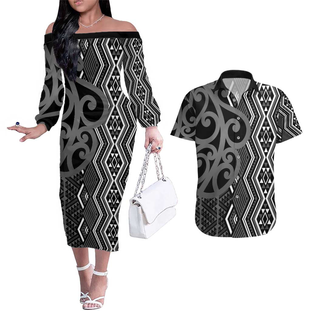 Maori Taniko Patterns Couples Matching Off The Shoulder Long Sleeve Dress and Hawaiian Shirt Black Patiki Motifs Mix Whakairo Ngaru LT7 Black - Polynesian Pride