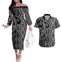 Maori Taniko Patterns Couples Matching Off The Shoulder Long Sleeve Dress and Hawaiian Shirt Black Patiki Motifs Mix Whakairo Ngaru LT7 Black - Polynesian Pride