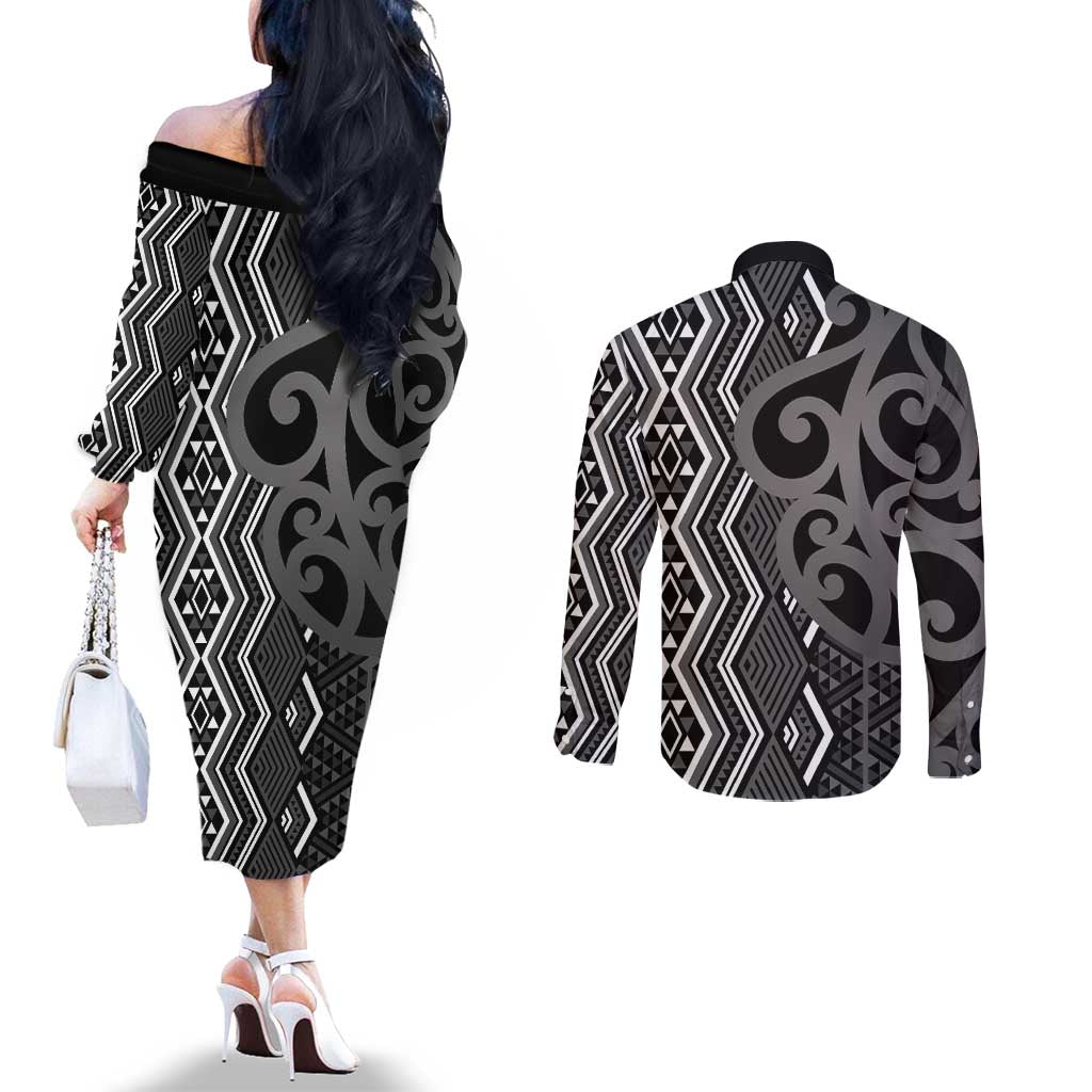 Maori Taniko Patterns Couples Matching Off The Shoulder Long Sleeve Dress and Long Sleeve Button Shirt Black Patiki Motifs Mix Whakairo Ngaru LT7 - Polynesian Pride