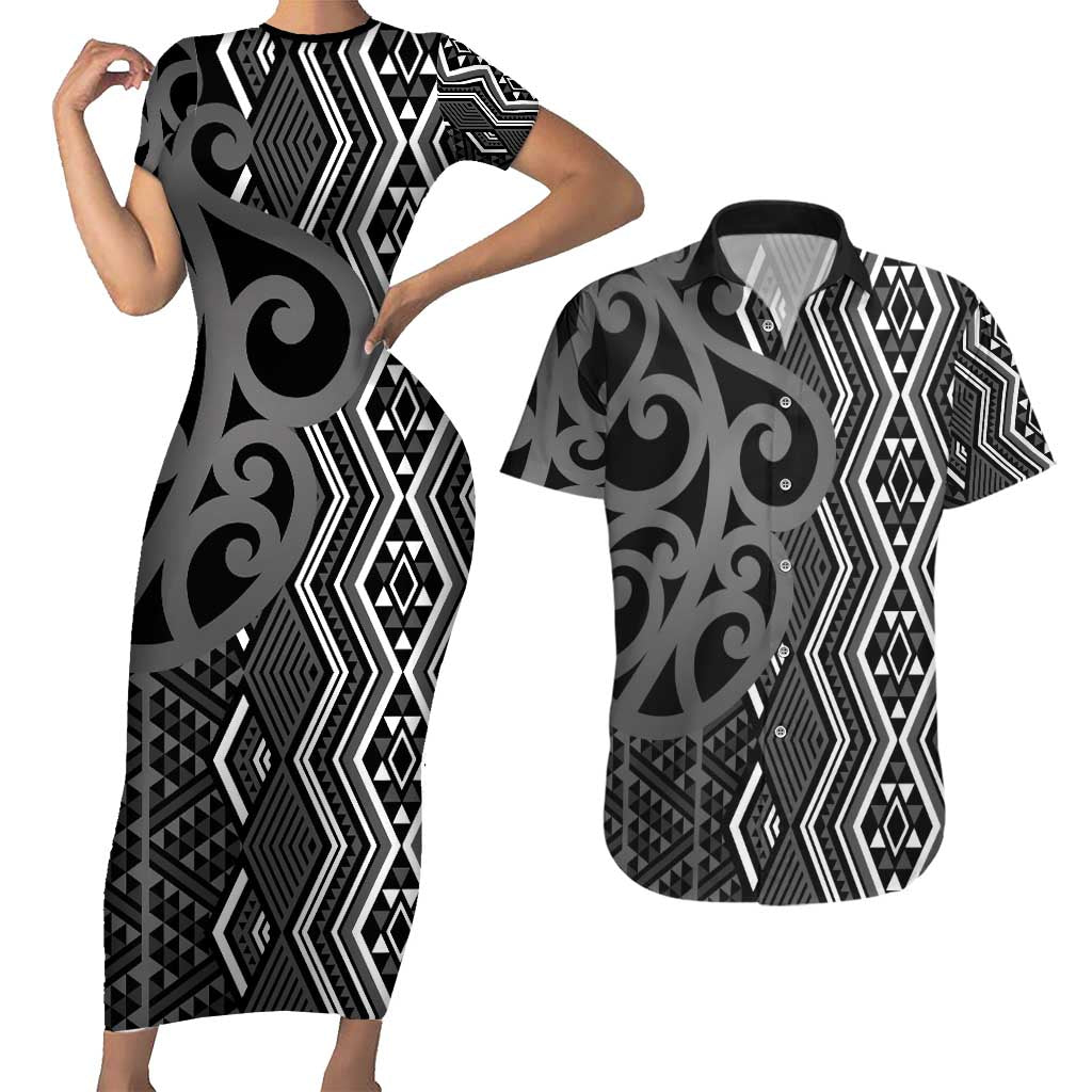 Maori Taniko Patterns Couples Matching Short Sleeve Bodycon Dress and Hawaiian Shirt Black Patiki Motifs Mix Whakairo Ngaru LT7 Black - Polynesian Pride