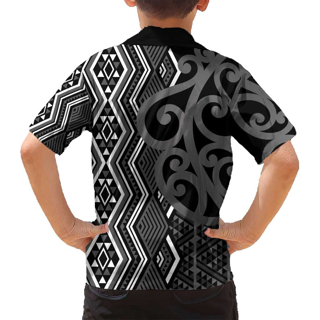 Maori Taniko Patterns Family Matching Long Sleeve Bodycon Dress and Hawaiian Shirt Black Patiki Motifs Mix Whakairo Ngaru LT7 - Polynesian Pride