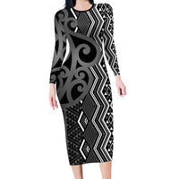 Maori Taniko Patterns Family Matching Long Sleeve Bodycon Dress and Hawaiian Shirt Black Patiki Motifs Mix Whakairo Ngaru LT7 Mom's Dress Black - Polynesian Pride