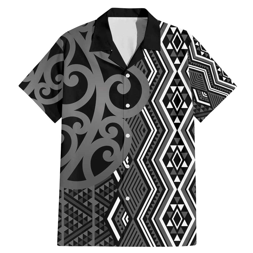 Maori Taniko Patterns Family Matching Mermaid Dress and Hawaiian Shirt Black Patiki Motifs Mix Whakairo Ngaru LT7 Dad's Shirt - Short Sleeve Black - Polynesian Pride