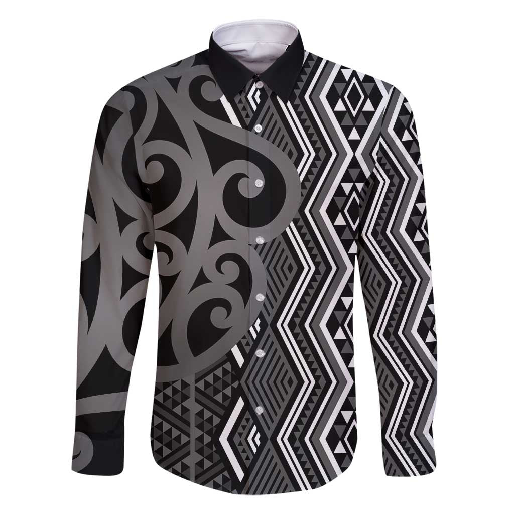 Maori Taniko Patterns Family Matching Mermaid Dress and Hawaiian Shirt Black Patiki Motifs Mix Whakairo Ngaru LT7 Dad's Shirt - Long Sleeve Black - Polynesian Pride