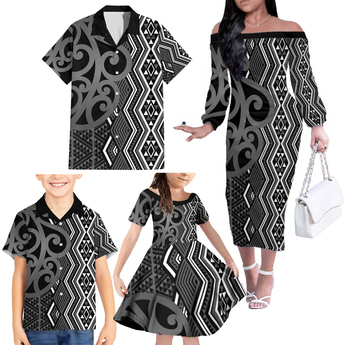 Maori Taniko Patterns Family Matching Off The Shoulder Long Sleeve Dress and Hawaiian Shirt Black Patiki Motifs Mix Whakairo Ngaru LT7 - Polynesian Pride