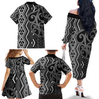 Maori Taniko Patterns Family Matching Off The Shoulder Long Sleeve Dress and Hawaiian Shirt Black Patiki Motifs Mix Whakairo Ngaru LT7 - Polynesian Pride