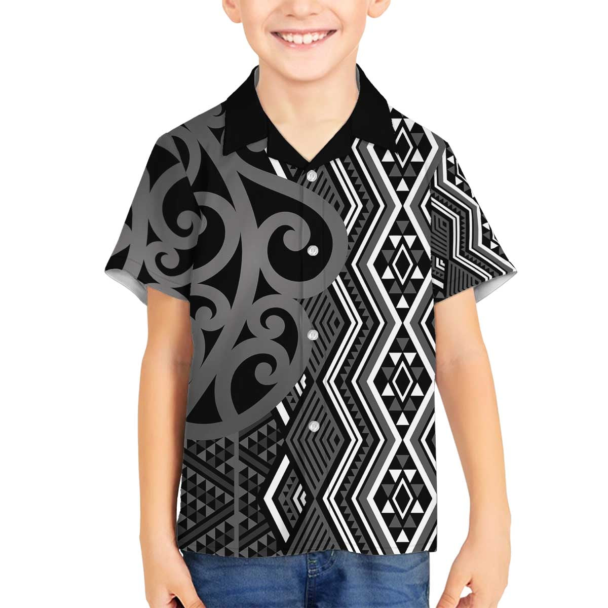 Maori Taniko Patterns Family Matching Off The Shoulder Long Sleeve Dress and Hawaiian Shirt Black Patiki Motifs Mix Whakairo Ngaru LT7 Son's Shirt Black - Polynesian Pride