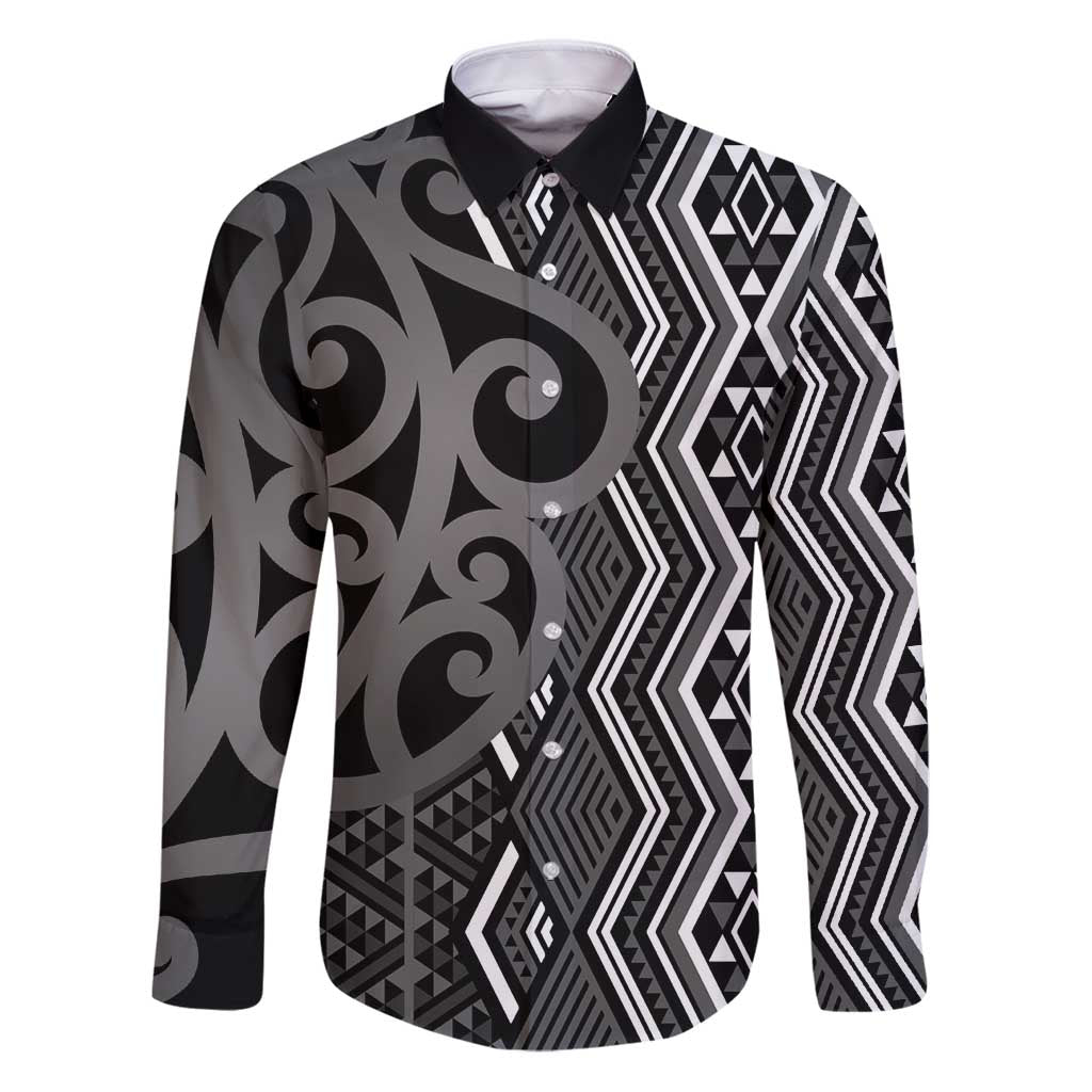 Maori Taniko Patterns Family Matching Puletasi and Hawaiian Shirt Black Patiki Motifs Mix Whakairo Ngaru LT7 Dad's Shirt - Long Sleeve Black - Polynesian Pride