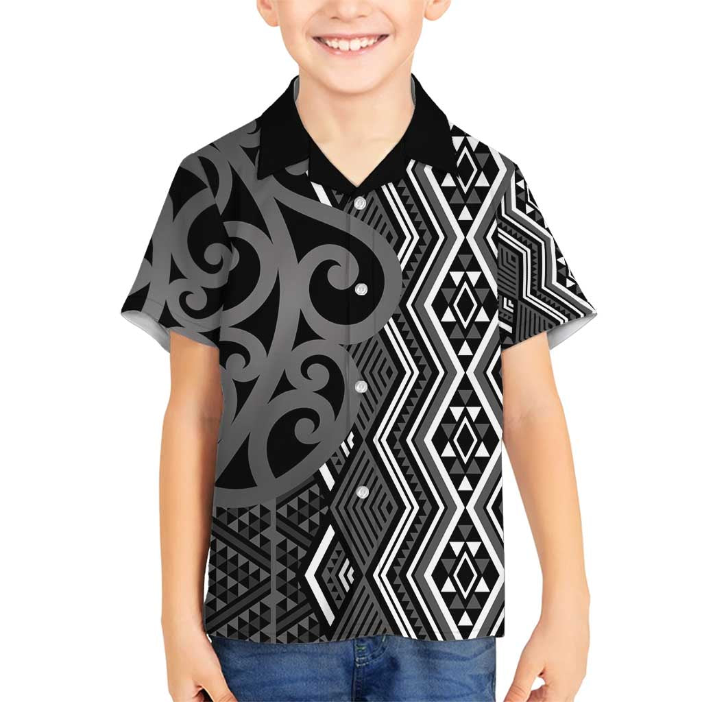 Maori Taniko Patterns Family Matching Puletasi and Hawaiian Shirt Black Patiki Motifs Mix Whakairo Ngaru LT7 Son's Shirt Black - Polynesian Pride