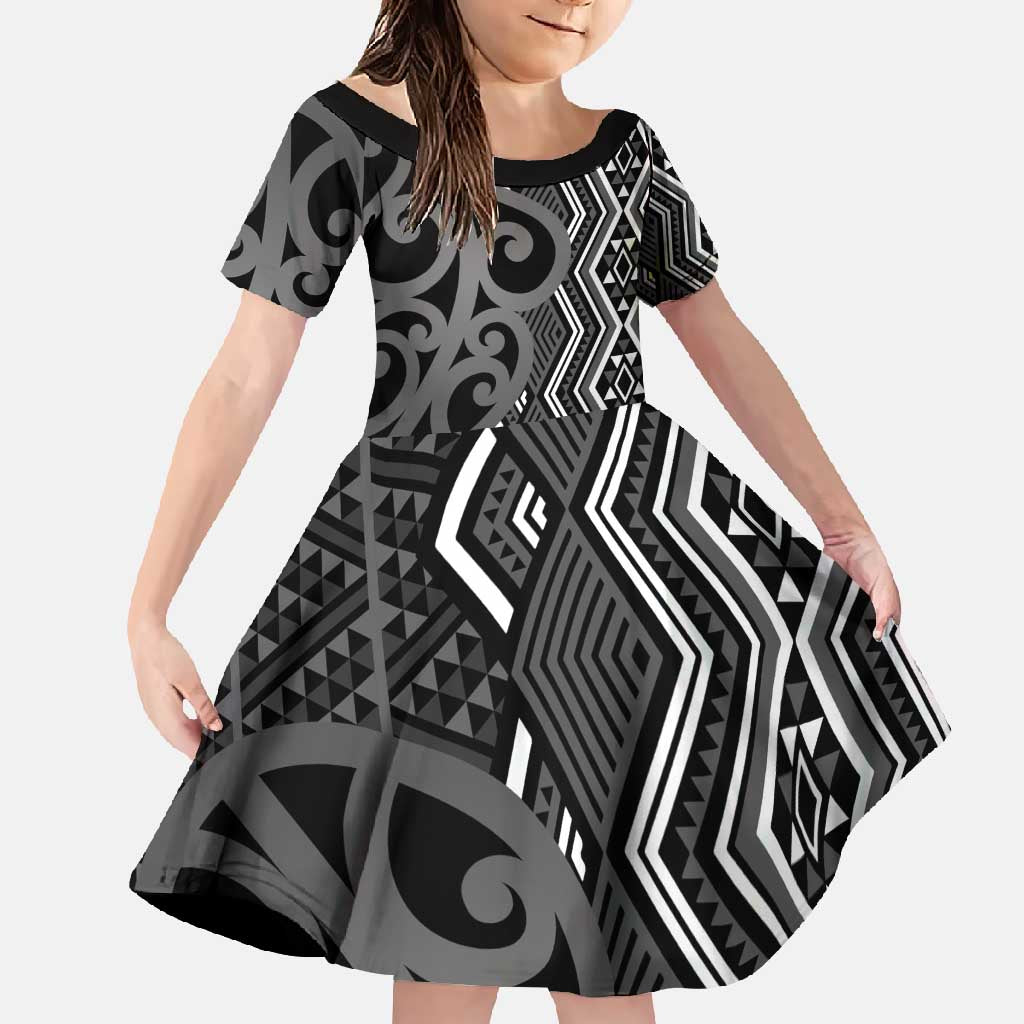 Maori Taniko Patterns Family Matching Short Sleeve Bodycon Dress and Hawaiian Shirt Black Patiki Motifs Mix Whakairo Ngaru LT7 Daughter's Dress Black - Polynesian Pride