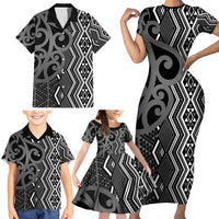 Maori Taniko Patterns Family Matching Short Sleeve Bodycon Dress and Hawaiian Shirt Black Patiki Motifs Mix Whakairo Ngaru LT7 - Polynesian Pride