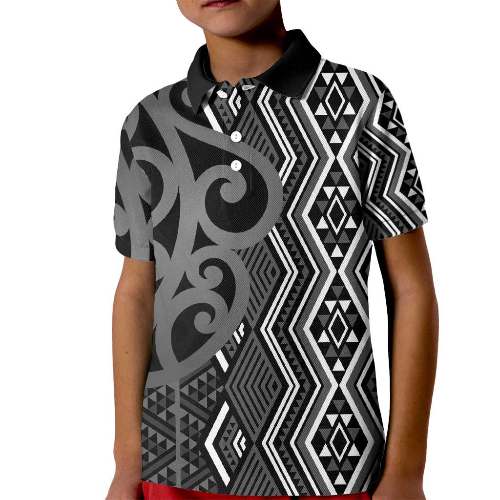 Maori Taniko Patterns Kid Polo Shirt Black Patiki Motifs Mix Whakairo Ngaru