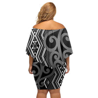 Maori Taniko Patterns Off Shoulder Short Dress Black Patiki Motifs Mix Whakairo Ngaru