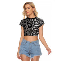 Maori Taniko Patterns Raglan Cropped T Shirt Black Patiki Motifs Mix Whakairo Ngaru