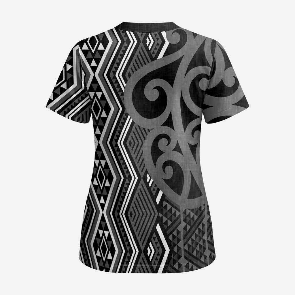 Maori Taniko Patterns Scrub Top Black Patiki Motifs Mix Whakairo Ngaru - Polynesian Pride