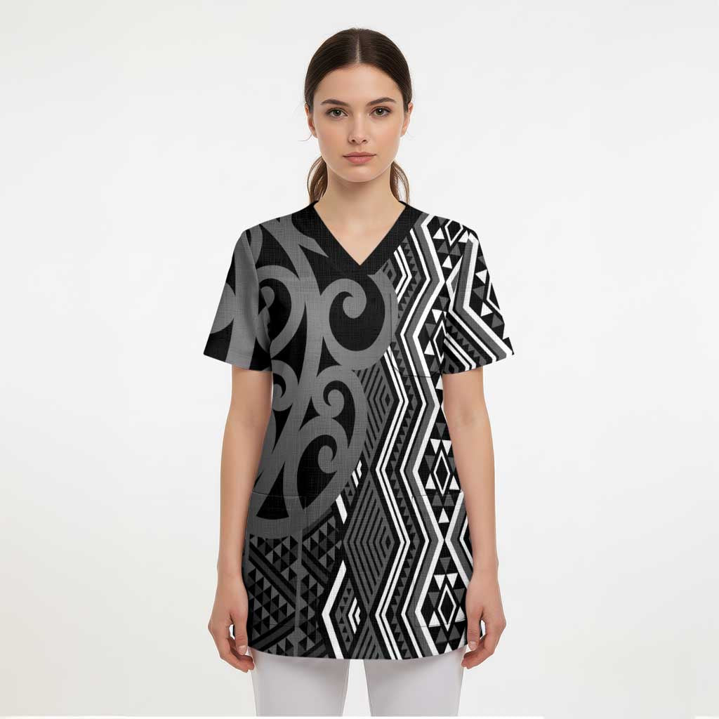 Maori Taniko Patterns Scrub Top Black Patiki Motifs Mix Whakairo Ngaru - Polynesian Pride