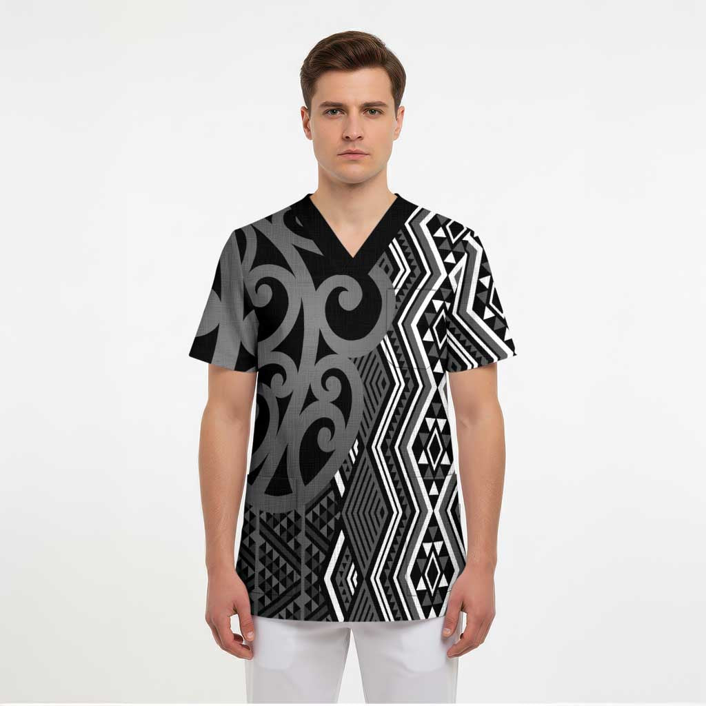 Maori Taniko Patterns Scrub Top Black Patiki Motifs Mix Whakairo Ngaru - Polynesian Pride