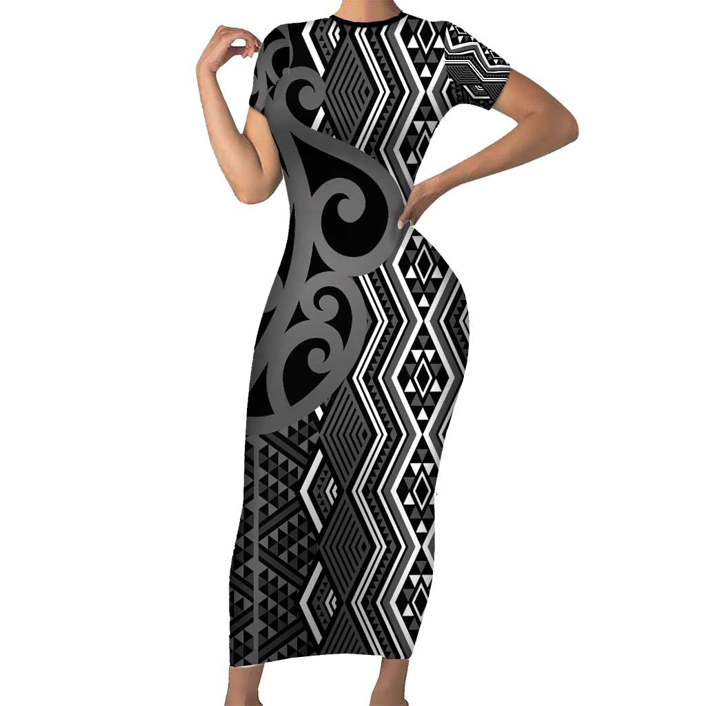 Maori Taniko Patterns Short Sleeve Bodycon Dress Black Patiki Motifs Mix Whakairo Ngaru