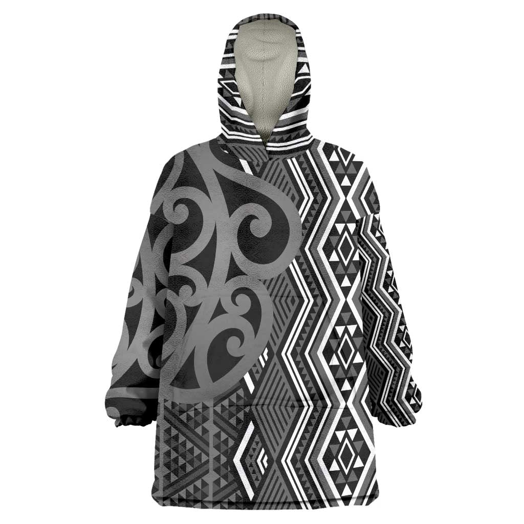 Maori Taniko Patterns Wearable Blanket Hoodie Black Patiki Motifs Mix Whakairo Ngaru