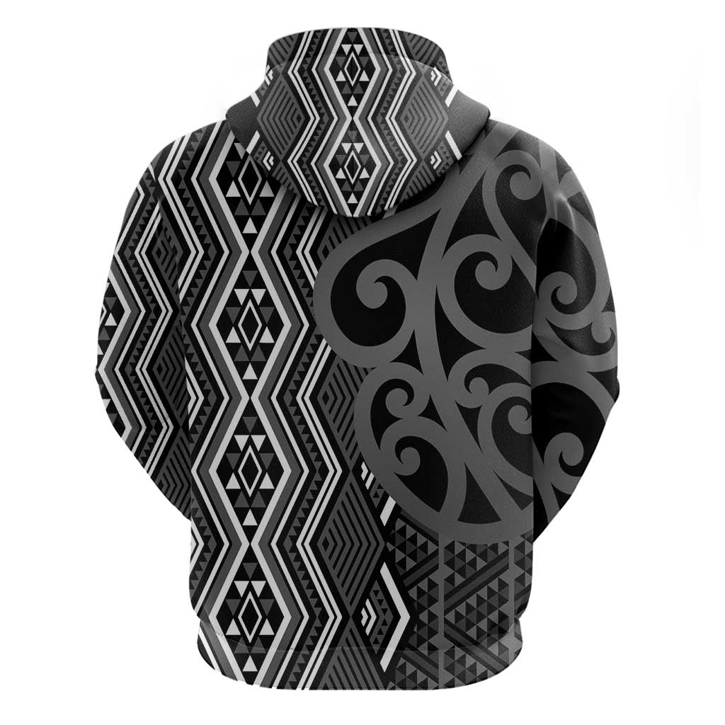 Maori Taniko Patterns Zip Hoodie Black Patiki Motifs Mix Whakairo Ngaru
