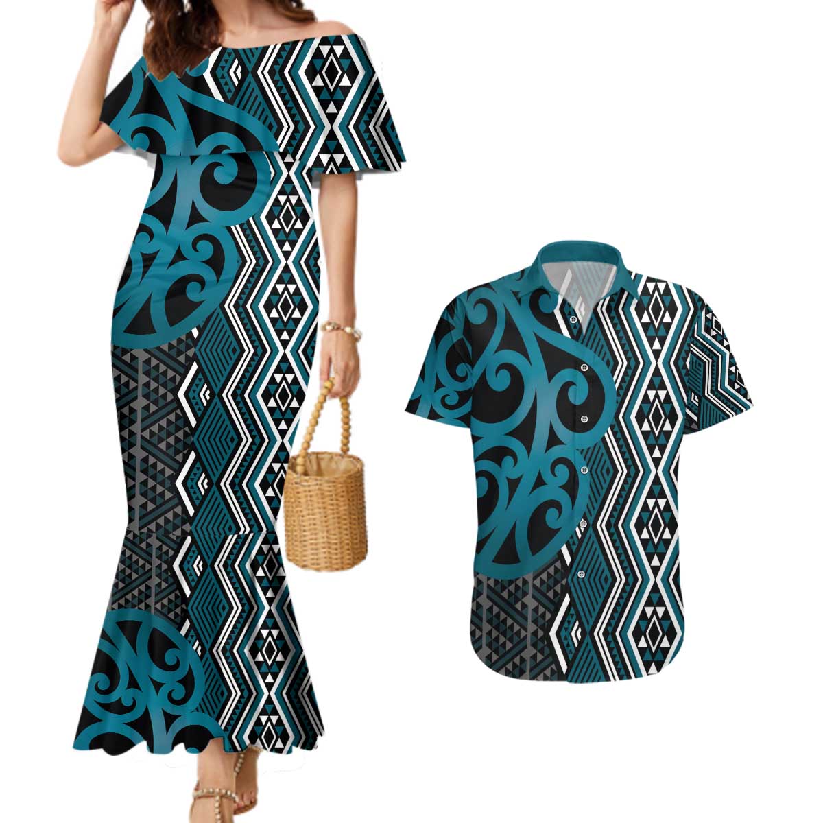 Maori Taniko Patterns Couples Matching Mermaid Dress and Hawaiian Shirt Azure Patiki Motifs Mix Whakairo Ngaru