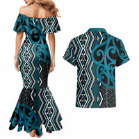 Maori Taniko Patterns Couples Matching Mermaid Dress and Hawaiian Shirt Azure Patiki Motifs Mix Whakairo Ngaru LT7 - Polynesian Pride