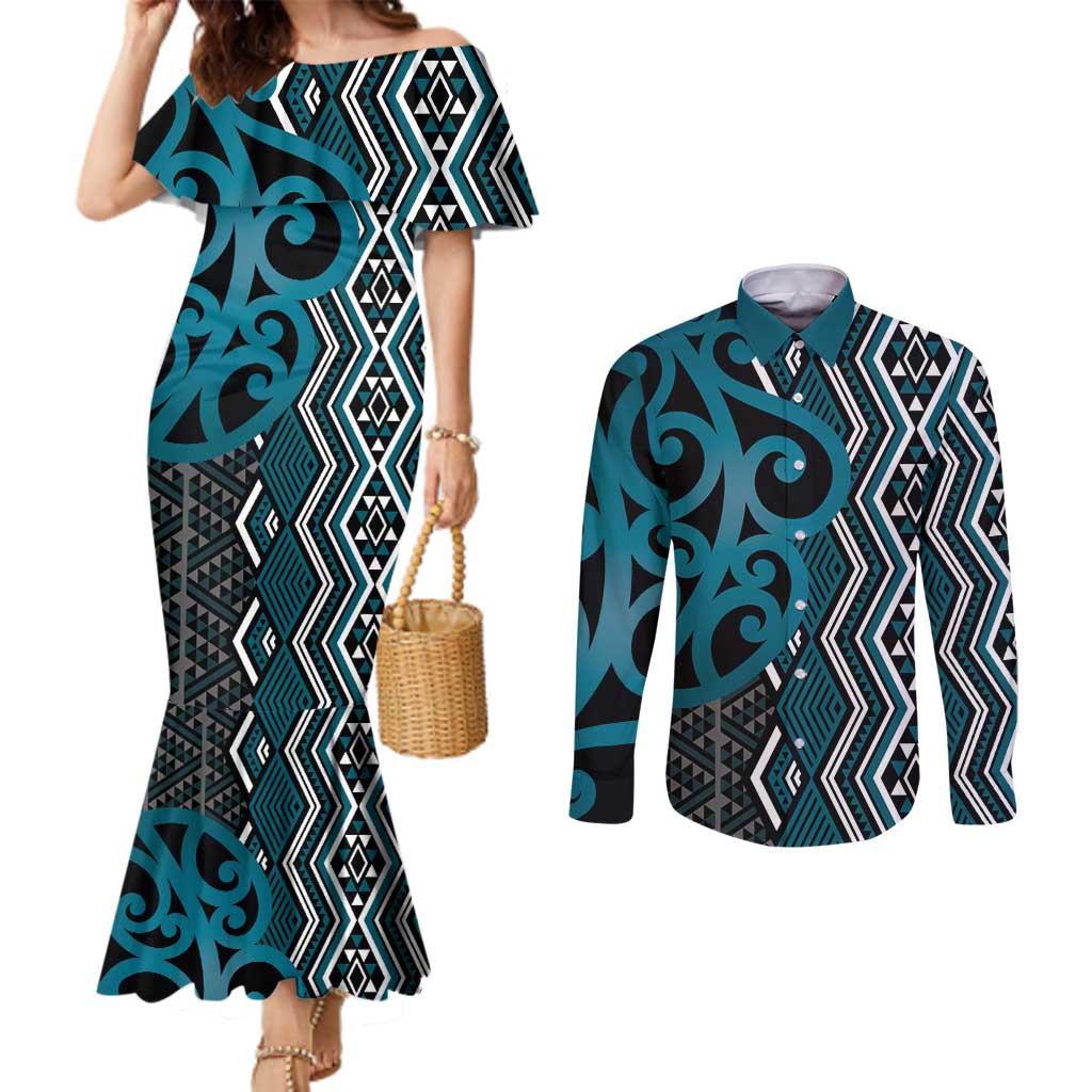 Maori Taniko Patterns Couples Matching Mermaid Dress and Long Sleeve Button Shirt Azure Patiki Motifs Mix Whakairo Ngaru LT7 Azure - Polynesian Pride