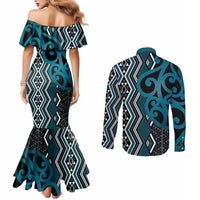 Maori Taniko Patterns Couples Matching Mermaid Dress and Long Sleeve Button Shirt Azure Patiki Motifs Mix Whakairo Ngaru LT7 - Polynesian Pride