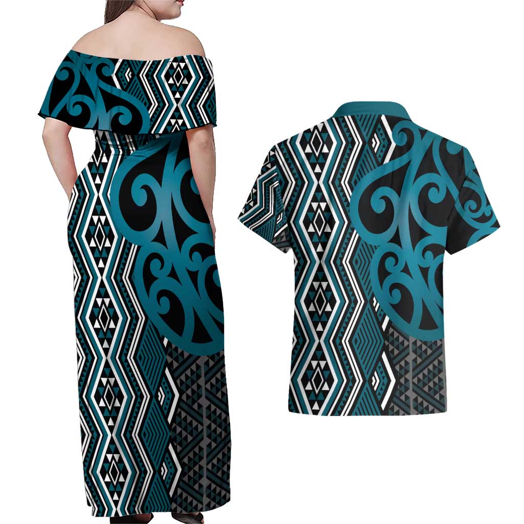 Maori Taniko Patterns Couples Matching Off Shoulder Maxi Dress and Hawaiian Shirt Azure Patiki Motifs Mix Whakairo Ngaru LT7 - Polynesian Pride