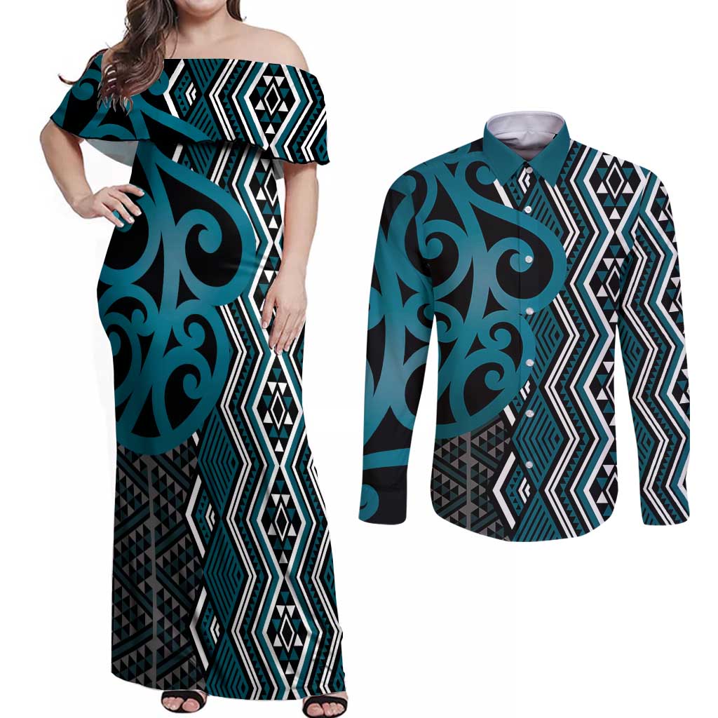 Maori Taniko Patterns Couples Matching Off Shoulder Maxi Dress and Long Sleeve Button Shirt Azure Patiki Motifs Mix Whakairo Ngaru
