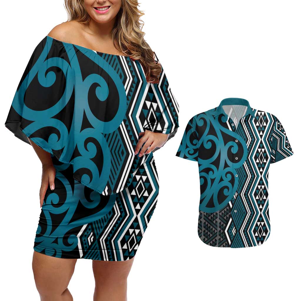 Maori Taniko Patterns Couples Matching Off Shoulder Short Dress and Hawaiian Shirt Azure Patiki Motifs Mix Whakairo Ngaru LT7 Azure - Polynesian Pride