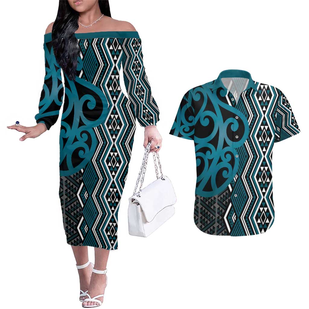 Maori Taniko Patterns Couples Matching Off The Shoulder Long Sleeve Dress and Hawaiian Shirt Azure Patiki Motifs Mix Whakairo Ngaru